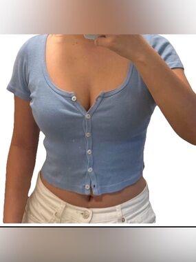 Brandy Melville Blue Zelly Crop Top Ribbed Button Down Baby Tee One Size